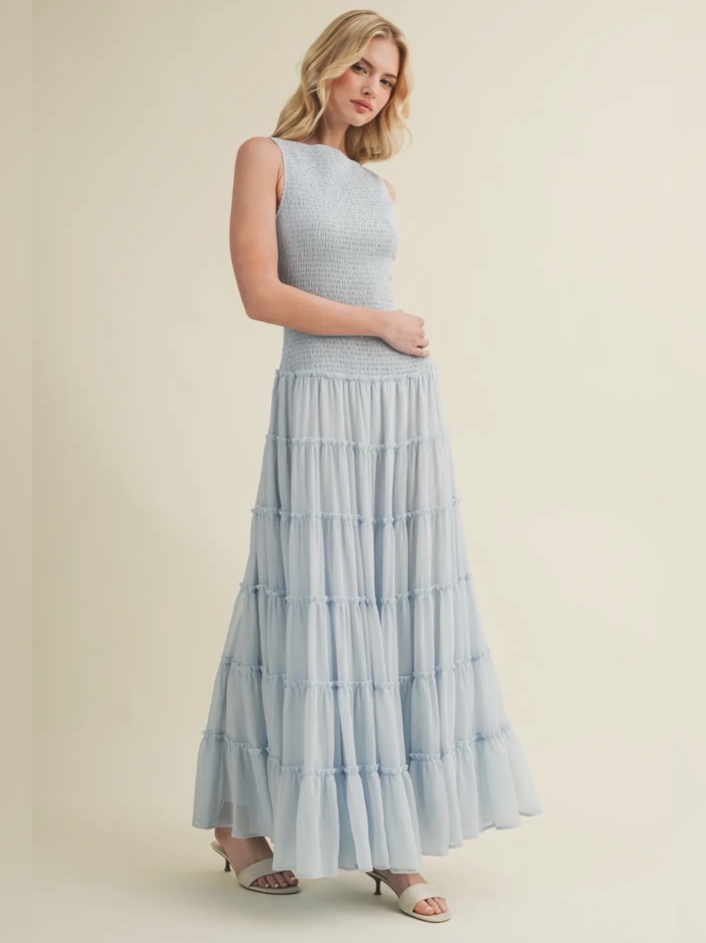 NWT Mustard Seed | Smocked Boat Neckline | Boho Blue Flowy Romantic Maxi Dress - Picture 3 of 6